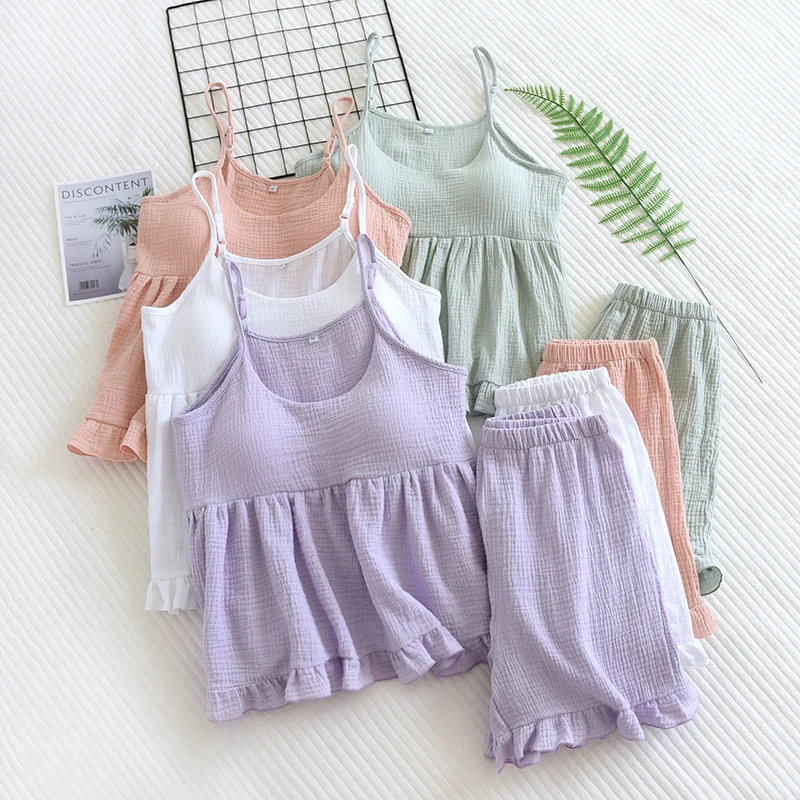 Women Casual Loose Pajamas Sexy Suspender Tops With Chest Pad Shorts Thin Home Clothing Set Summer New Solid Female Sleepwear