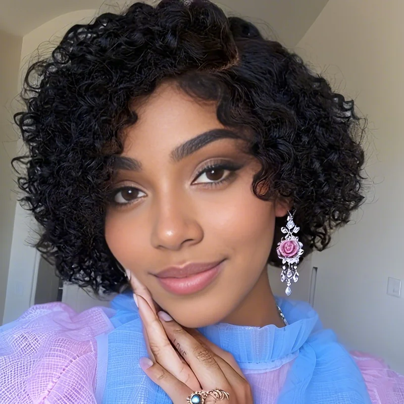  Short Pixie Cut Deep Curly Bob 13x4X1 T Part Lace Front Human Hair Wigs For Women Brazilian Remy Hair Wigs 5