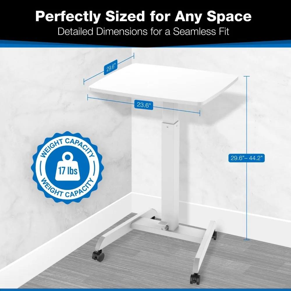 adjustable height rolling laptop desk, 29.6"-44.2" range, mobile workstation with 23.6" x 20.5" surface, compact standing desk s