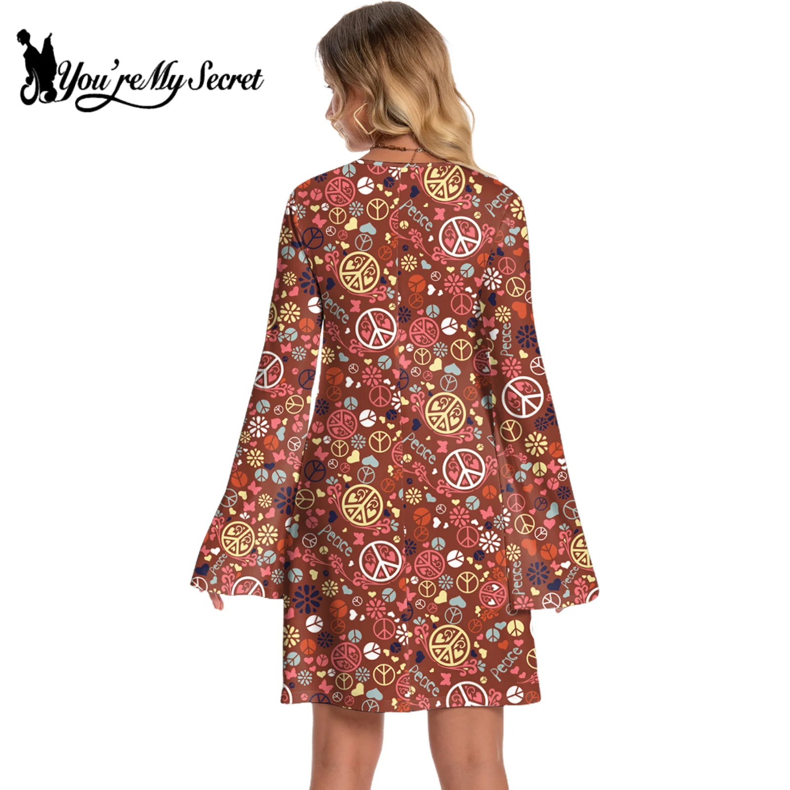 [You're My Secret] Women 70s Floral Printed Disco Dress Hippie Clothes Accessories Halloween Dance Costumes Holiday Clothes 2
