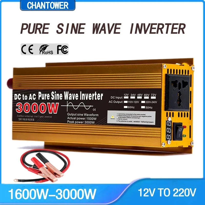 

Pure Sine Wave Inverter 12V 220V 1600W 2200W 3000W DC To AC Power Supply Voltage Portable Converter Car Solar Inverter