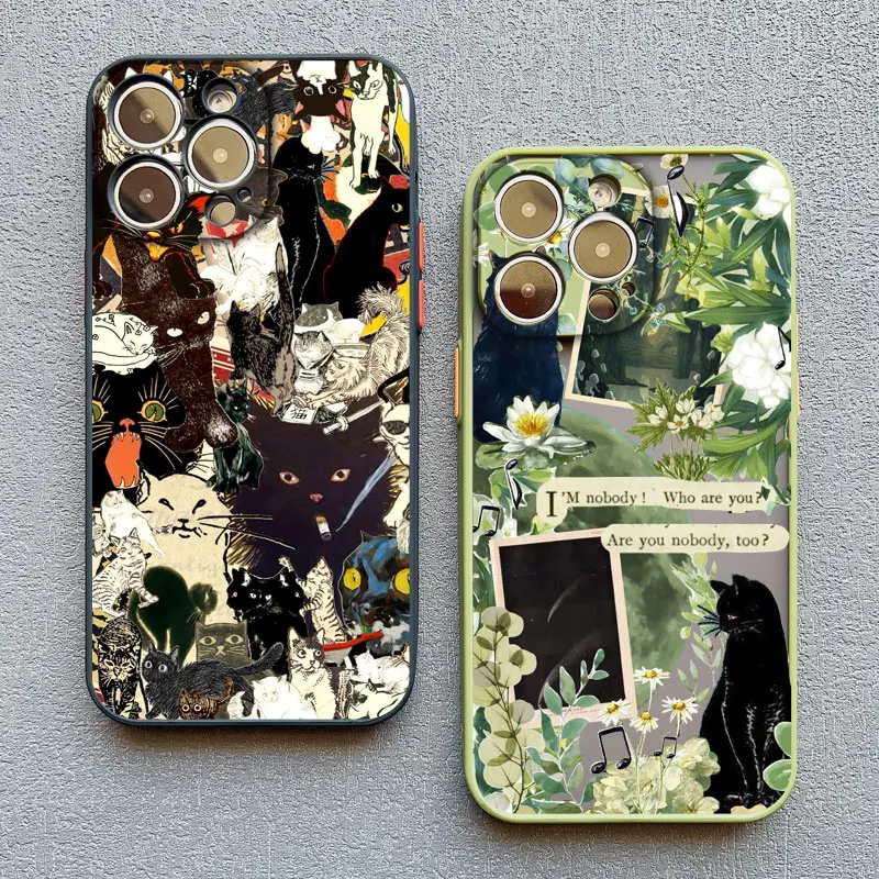 Vintage Black Cat and White Kitten Illustration Phone Case - Cute Cartoon Design