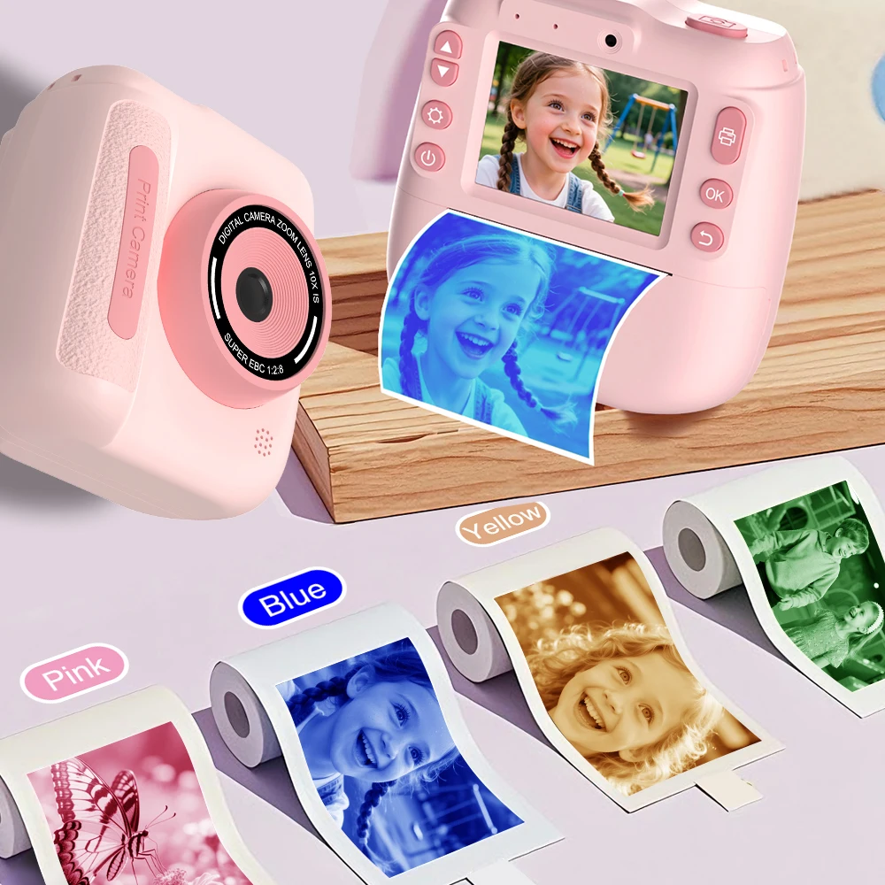 Portable Thermal Printer 57x25mm Printing & Children Instant Print Front&Rear Digital Dual Lens Video Camera for Christmas Gifts