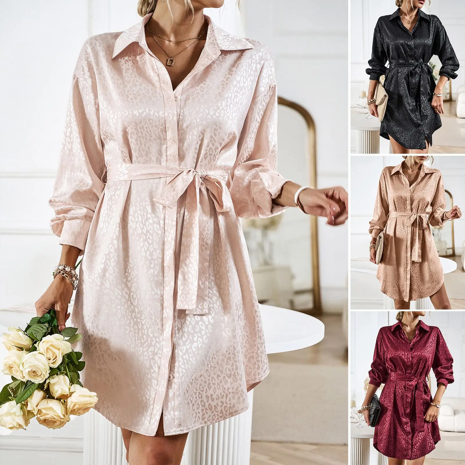 

Dress Women 2023 New Autumn Leopard Print Long Sleeve Shirt A Line Streetwear Turn Down Collar Lace Up Dresses Elegant Vestidos