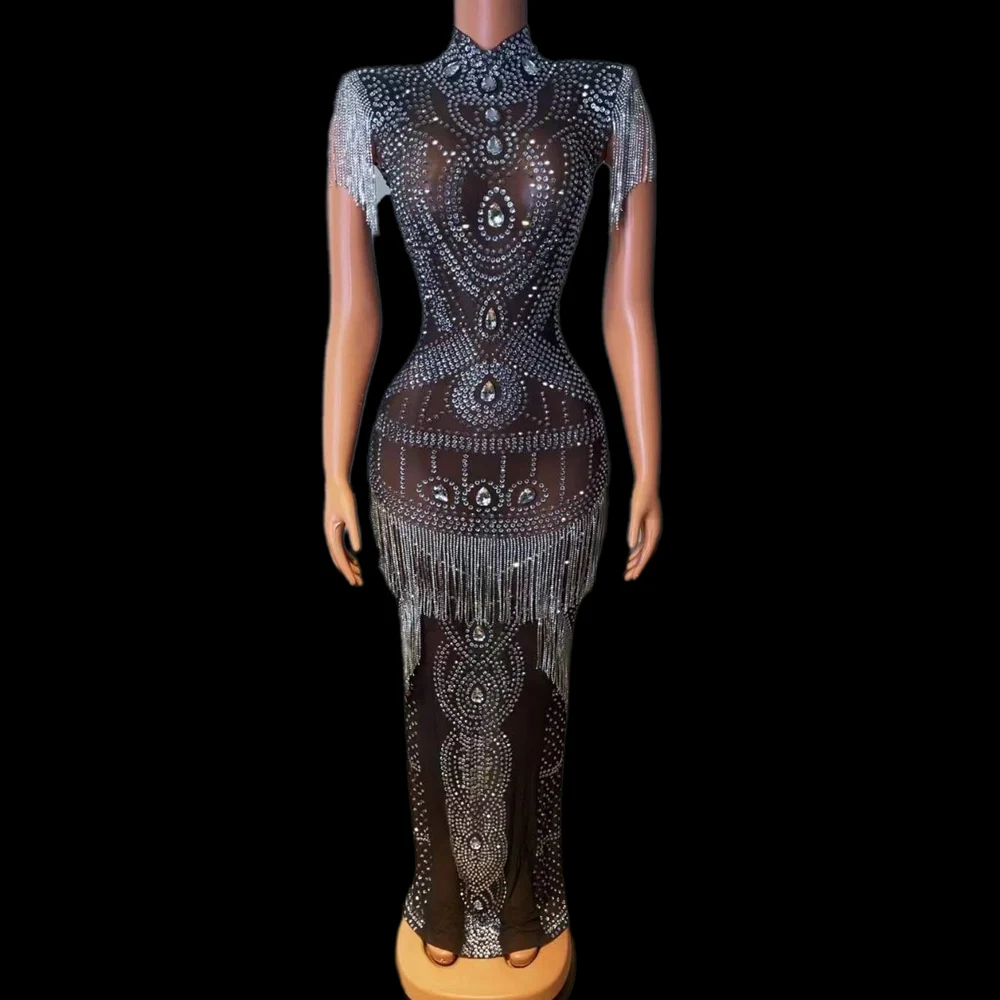 

Brown And Black Shining Crystal Rhinestones Sexy Long Dress For Women Banquet Evening Clothing Entertainer Dance Stage Costume