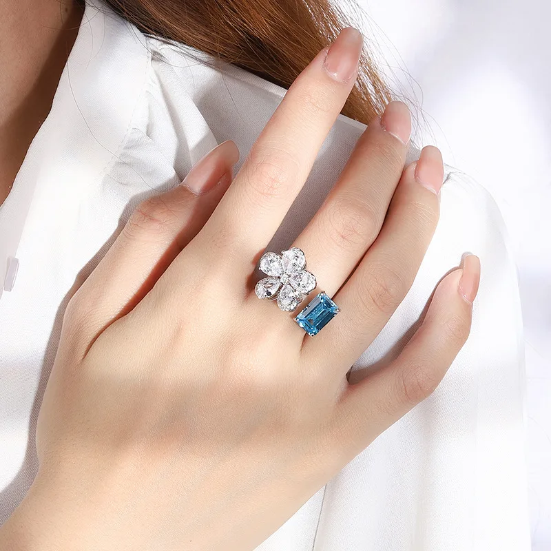 S925 Full body silver opening adjustable ring, Sea Blue Treasure flower ring main stone 8 * 12