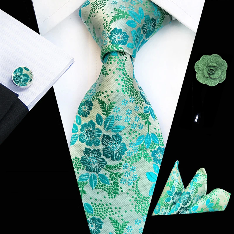 Cravatta Elegante Handmade 100% Seta Set Completo Uomo: Cravatta, Fazzoletto E Gemelli Hi-Tie Seta - Motivo Paisley Floreale, Matrimonio Peak Design - Foto 8