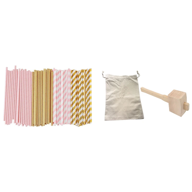 

AFBC Biodegradable Paper Straws, 100 Pink For Party Supplies With Lewis Bag And Ice Mallet,Bartender Kit Ice Crusher