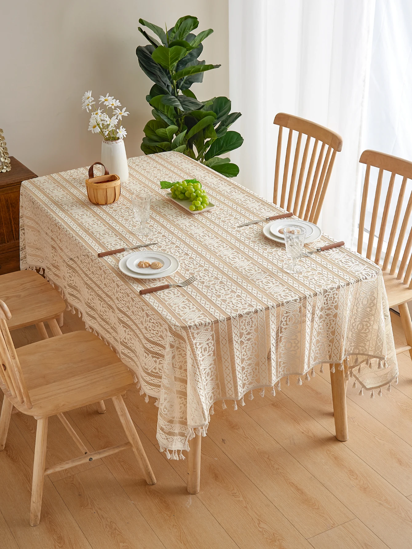 Beige Lace Striped Tablecloth with Tassels – Rectangular Coffee Table Cover 1