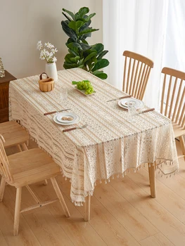 Beige Lace Striped Tablecloth with Tassels – Rectangular Coffee Table Cover 1