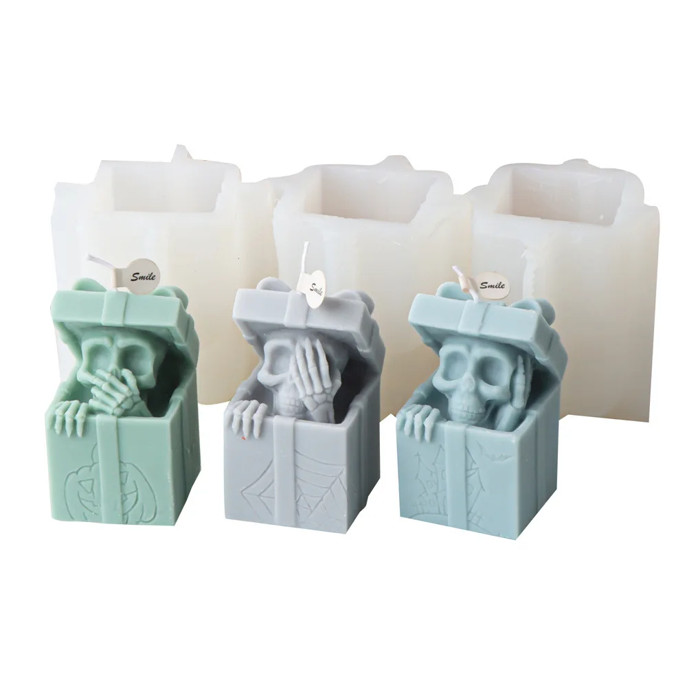 

Gift Box Skull Head Halloween Silicone Mold Gypsum form DIY Handmade Plaster Candle Ornaments Handicraft Mold Hand Gift Making