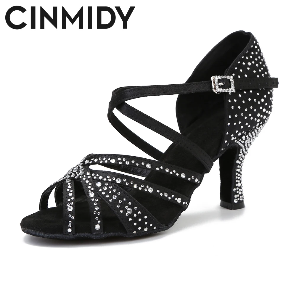 CINMIDY Latin Dance Shoes Woman Satin Rhinestones Soft Bottom Party Dance Shoes Salsa Dancing Shoes Ladies Wedding Sandals 7.5cm 3