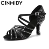 CINMIDY Latin Dance Shoes Woman Satin Rhinestones Soft Bottom Party Dance Shoes Salsa Dancing Shoes Ladies Wedding Sandals 7.5cm 3