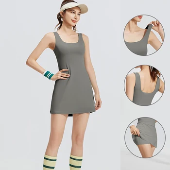 Grey 2-in-1 Yoga Dress for Women Built-in Shorts & Bra Square Neck Sleeveless Tennis Workout Dress for Gym Running Golf