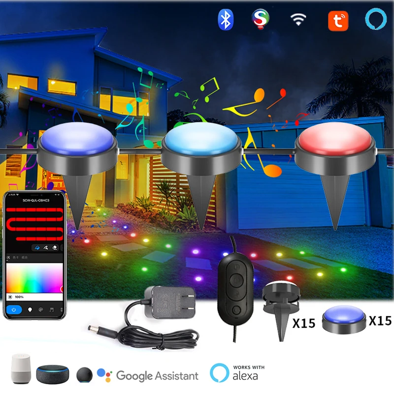 Tuya Smart RGBIC Ground String Lights Outdoor Waterproof Music Sync Garden Lawn Spotlight Buried Lawn Lamps LED Ambient Light 8 pods rgb led rock light kits music strobe app control waterproof multicolor neon led lights underglow trail rig light 12v