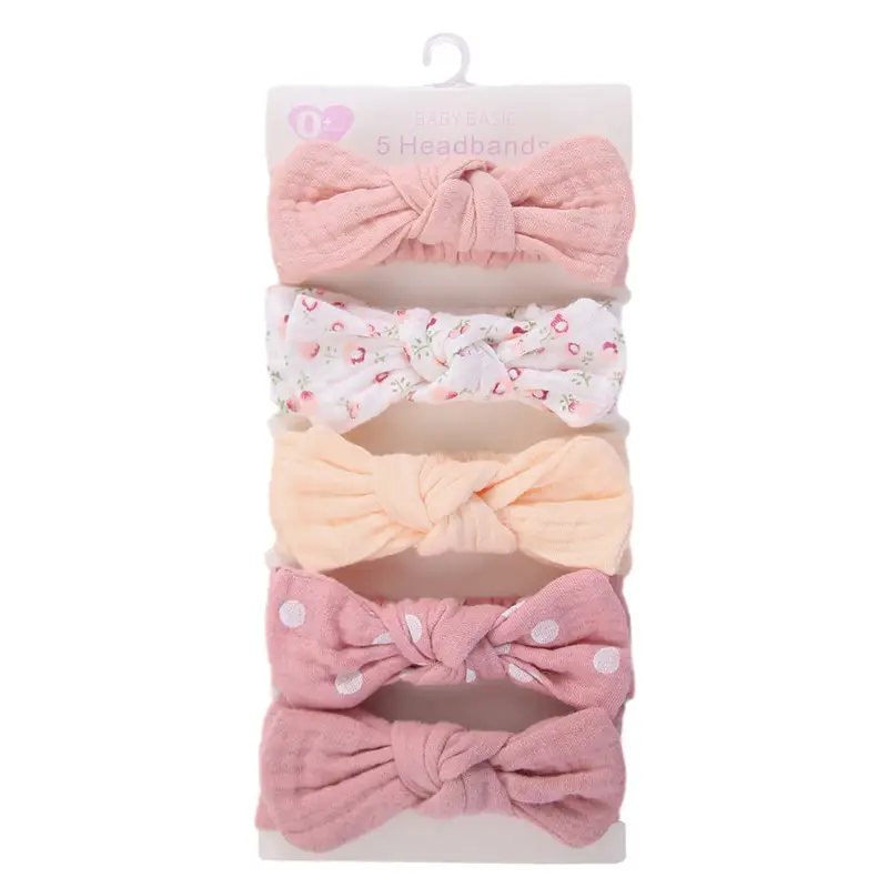 5Pcs/Set Solid Muslin Cotton Linen Baby Headband Elastic Rabbit Ear Hair Band Infant Girl Turban Headwraps Stretch Accessories - Image 8