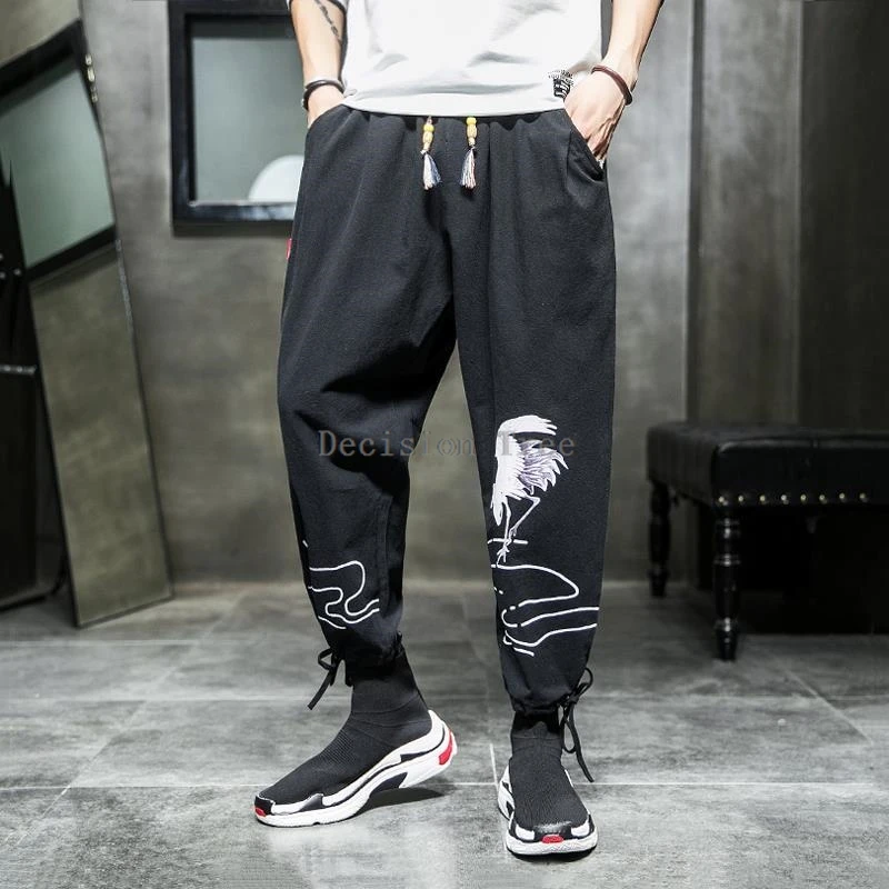 new chinese style men wushu tang suit pants summer loose straight leg pants antique printing leisure cotton linen trousers