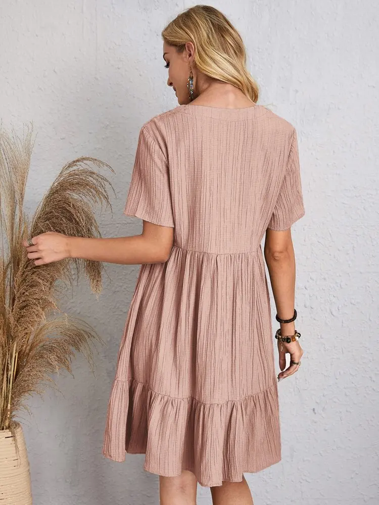 Elegant V Neck Ruffle Mini Dress - Womens Casual Summer Sundress