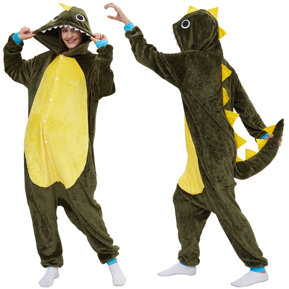 Green Dragon Cartoon Flanella Donna Pigiama Set Dinosaur Adult Kigurumi Tutina Cosplay Animal Onepiece Unisex Men Funny Sleepwear