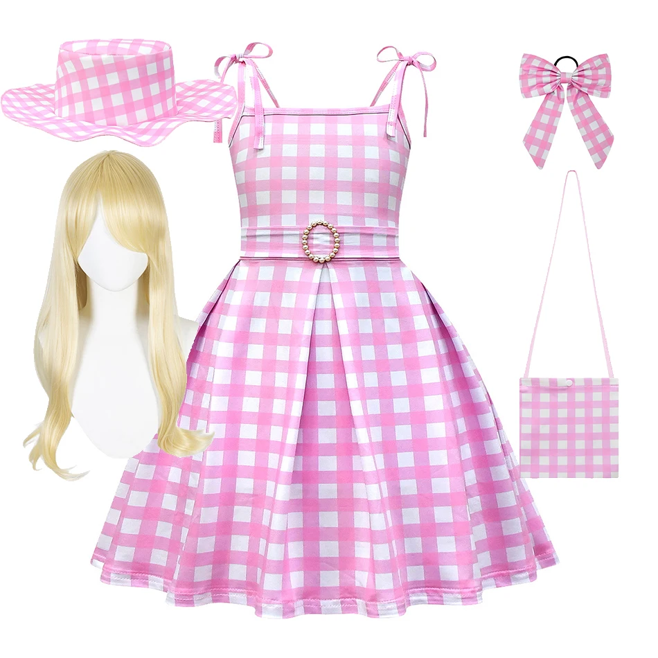 

2023 New Children Barbi Dress Girl Cosplay Elegant Clothes Baby Princess Wedding Pink Plaid Disguise Beach Pageant Costume 3-12T