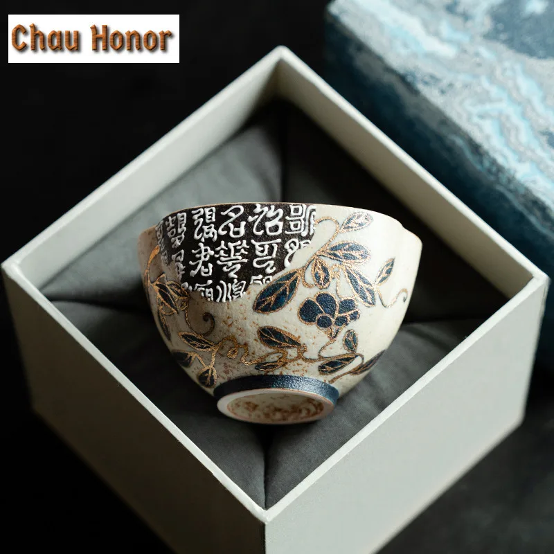 Boutique Blue And White Flint Red Gaiwan Handmade Gold Drawing Entwined Lotus Covered Bowl Tea Making Tea Bowl Kung Fu Teaset