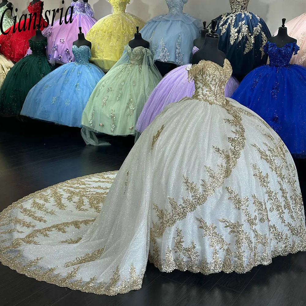 

Princess Off the Shoulder Beading Tassel Ball Gown Quinceanera Dresses Sequined Appliques Corset Sweet 15 Vestidos De 15 Años