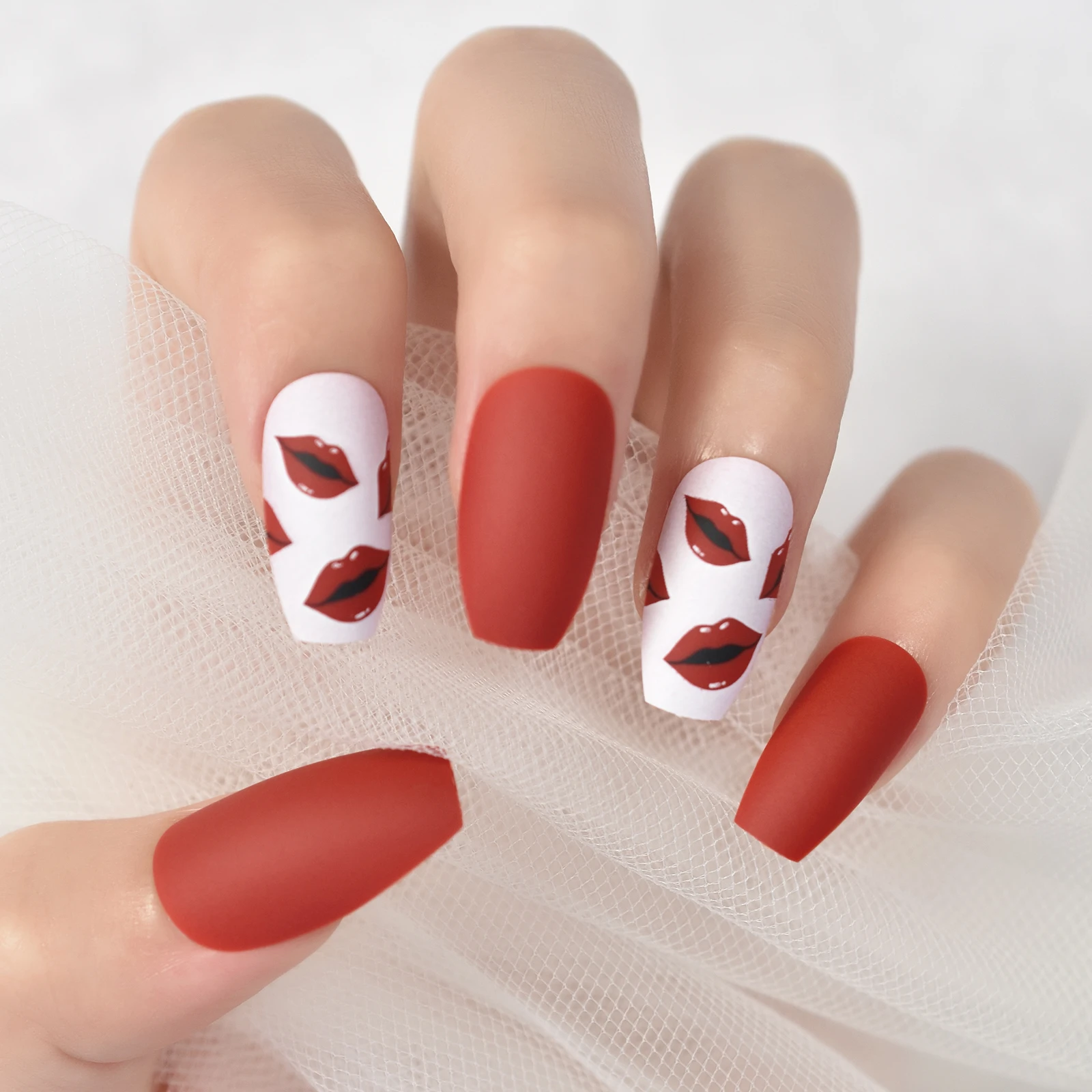 Uñas postizas de goma para salón de belleza, Uñas postizas de color rojo  mate, manicura reutilizable, uñas acrílicas falsas| | - AliExpress