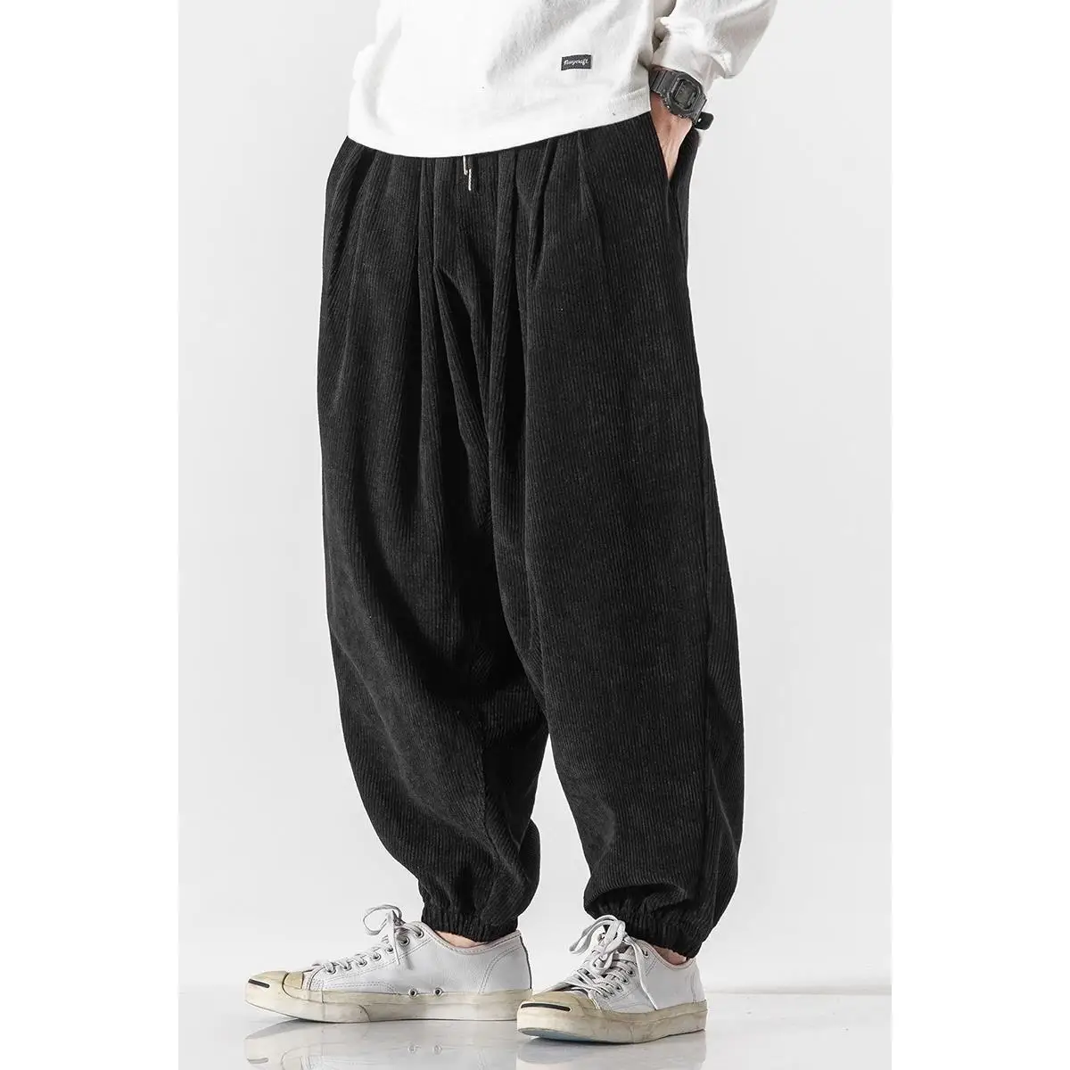 Chinese Wind Lantern Core Plush Casual Pants for Men, Loose and Fat Plus Size, Kid Tie Feet Trendy Brand Wide Leg