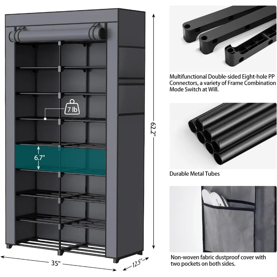 9Tier Shoe Rack 3640 Pairs Organizer with Nonwoven Fabric Cover Double Row for Closet Black Rack with Gray Cover
