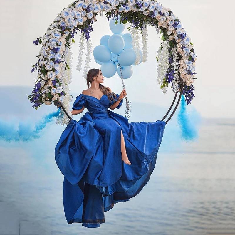 

UZN Dark Blue Satin A-Line Evening Dresses V-Neck Short Puff Sleeves Princess Prom Dress Formal Occasion Party Dress Custom Size