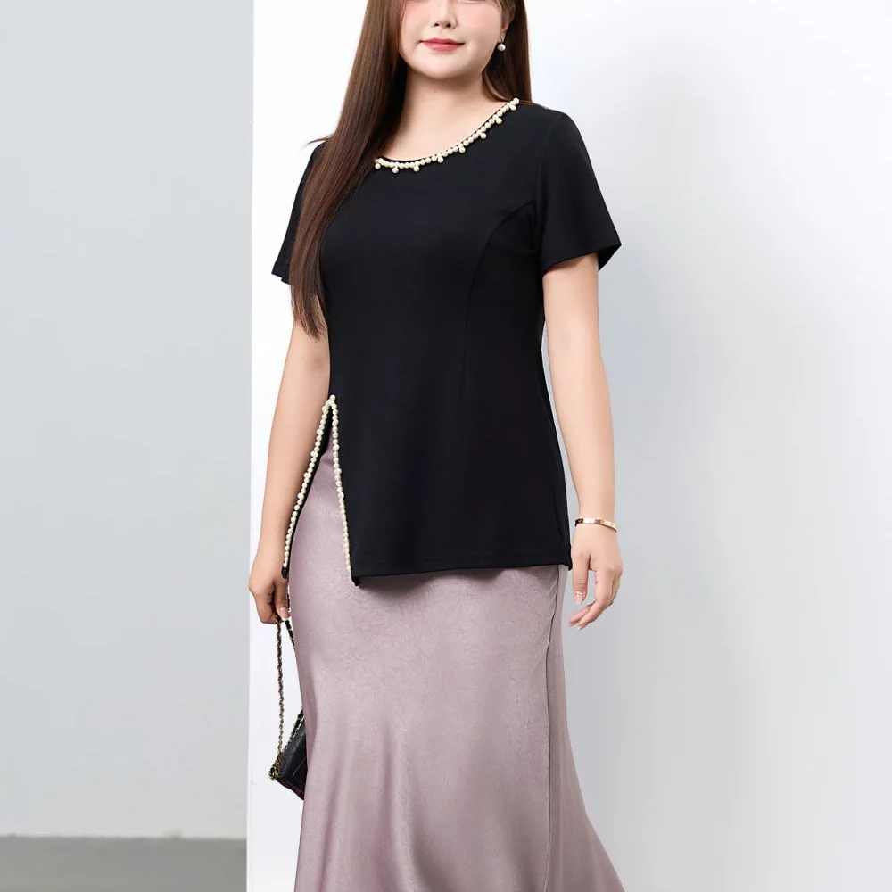 Pearl Beading Slit Hem Casual short-sleeved Top Plus Size Women Premium O-Neck T-shirt 9105