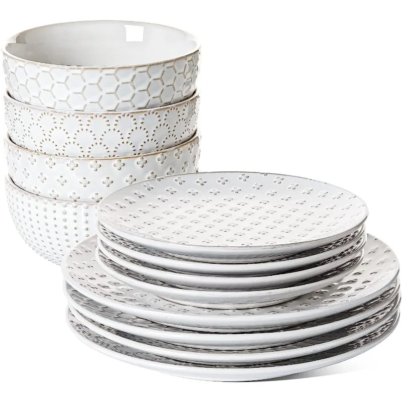 Dinnerware Sets 12 PCS, Ceramic Plates and Bowls Set (10" Dinner Plate + 8" Salad Dish + 26 oz Cereal Bowl) x 4, Oven safe