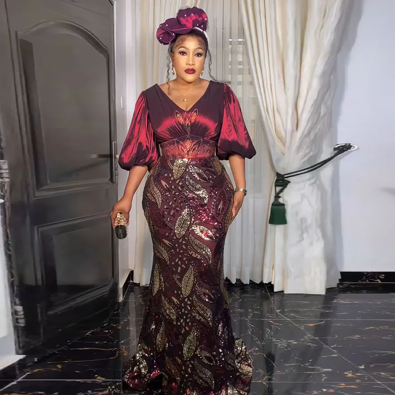 

African Dresses for Woman Dashiki Fashion Sequin Abaya Ankara Evening Gown Turkey Robe Africa Clothing Sexy Ladies Party Dresses