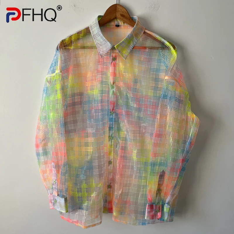 

PFHQ Autumn Men's Rainbow Colorful Plaid Perspective Shirts Glass Yarn Organza Loose Fashion Personality Breathable Tops 21Z1976