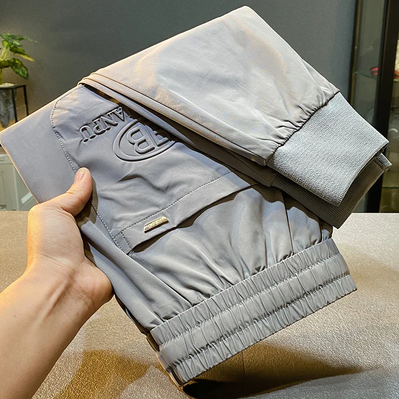 2024 Summer New Thin Ice Silk Quick-Drying Pants Men's Light Luxury Ankle Banded Slacks Slim-Fitting Long Pants