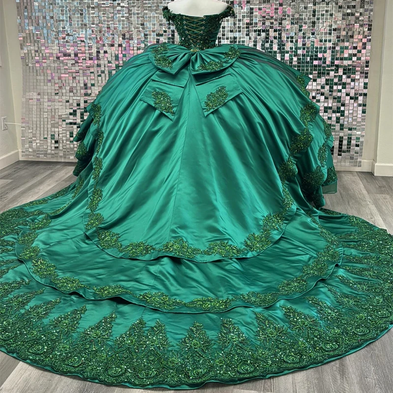 

Зеленые блестящие кружевные платья с открытыми плечами и аппликацией из бисера, милые бальные наряды на 16 дней рождения, 15
