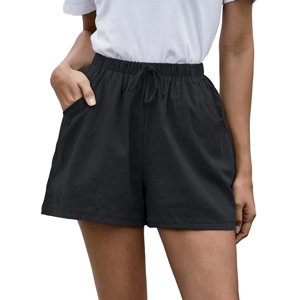 versace jeans couture 2022 Summer Casual High Waist Flax Solid Shorts Elegant Women Wide Leg Loose Cotton Short Pants Bottom Pant Black Trousers paperbag shorts Shorts