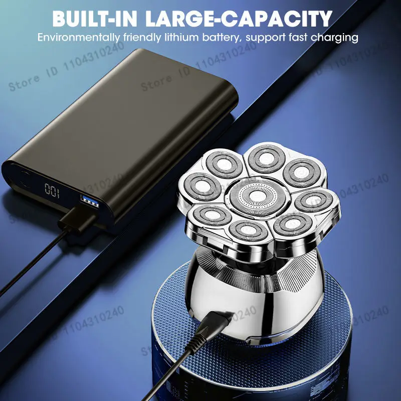 대머리 남성용 헤드 쉐이버 9D 방수 무선 습식 및 건식 전기 면도기 회전식 블레이드 충전식 그루밍 키트 얼굴 털 제거