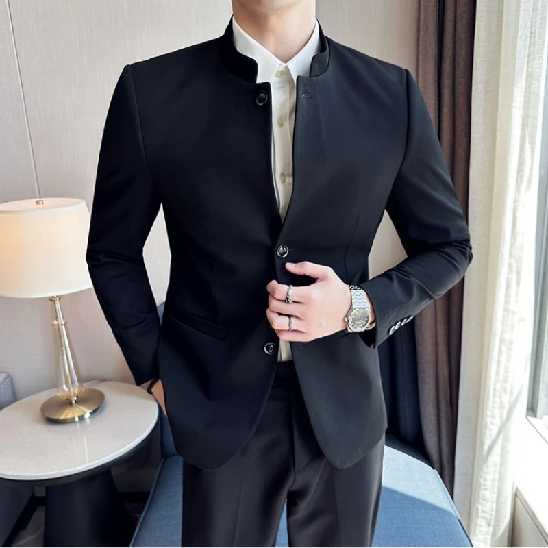 

2023 Autumn Stand Collar Men Blazers Black Casual Business Suit Jackets Slim Fit Social Wedding Groom Dress Coat Men Clothing