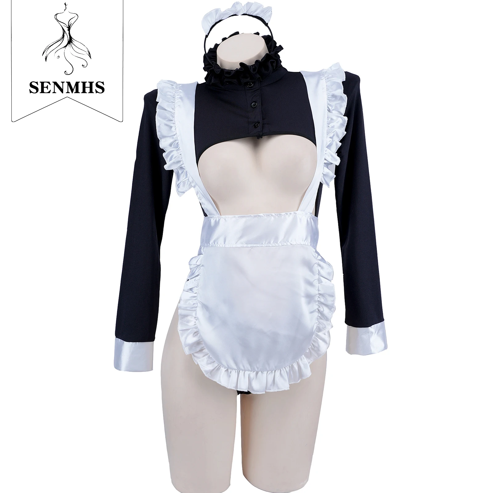 

SENMHS Anime Girl Maid Cosplay Long Sleeve Bodysuit Uniform Open the Chest Apron Coffee Shop Waiter Costume Sexy Lingerie New