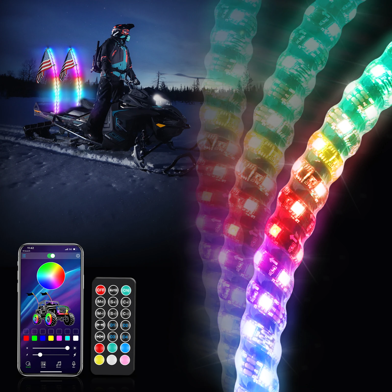 2Pcs Led Spirale Whip Light Per Can-Am Maverick X3, Antenna Fruste Per Polaris Rzr, 3Ft 4Ft 5Ft 6Ft App Di Sicurezza Lampada Telecomando