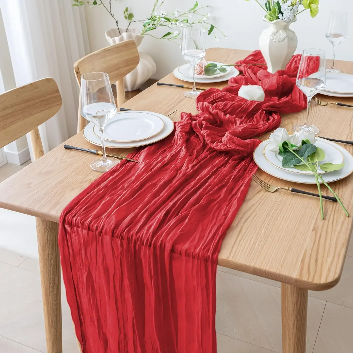 1.8/3/4M Christmas Red Table Runner Polyester Cheesecloth Valentine Long Decorations Wedding Party Banquets Bridal Baby Shower 4