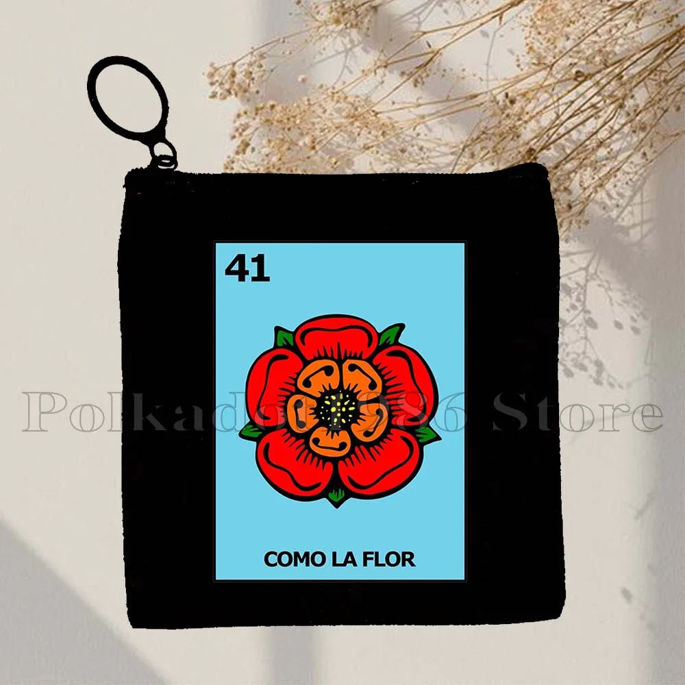 Mexican Loteria Bingo Card Art LA ROSA Diablita Toxica El Jefe Nopal Catrin Papa Gifts Key Coin Purse Case Bags Wallet Pouch