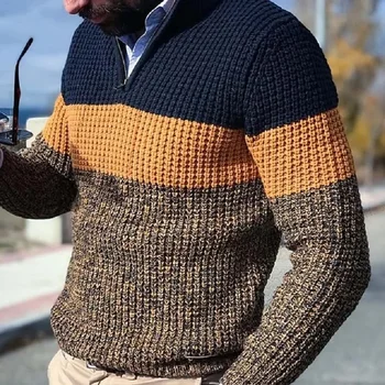 Pullovers Men Knitted Tops Zipper Turn Down Collar Full Sleeve Slim Fit Polo Sweaters Casual Regular Knit Splice Autumn Winter 1