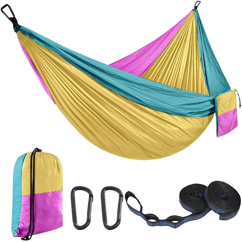 1-2 person color matching portable outdoor camping hammock with nylon high strength parachute fabric hanging bed 270*140cm
