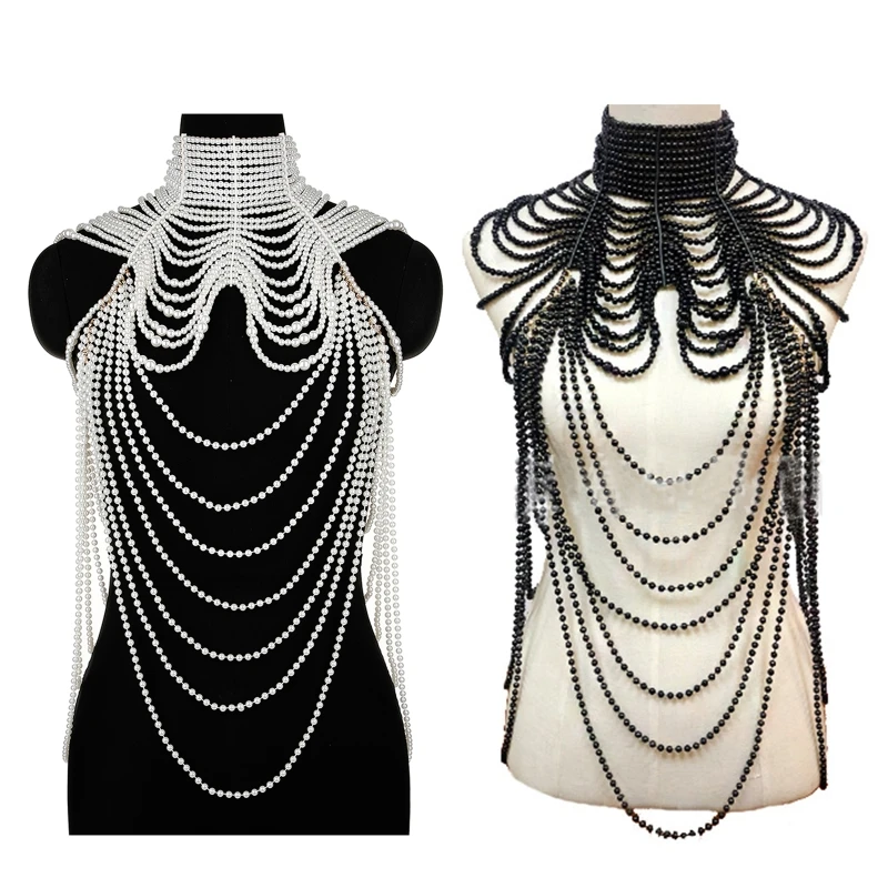 

Women Multi Layered Simulated Pearl Bib Necklace Collar Beaded Tassel Faux Leather Shoulder Chain Bra Top Body Jewelry Dropship