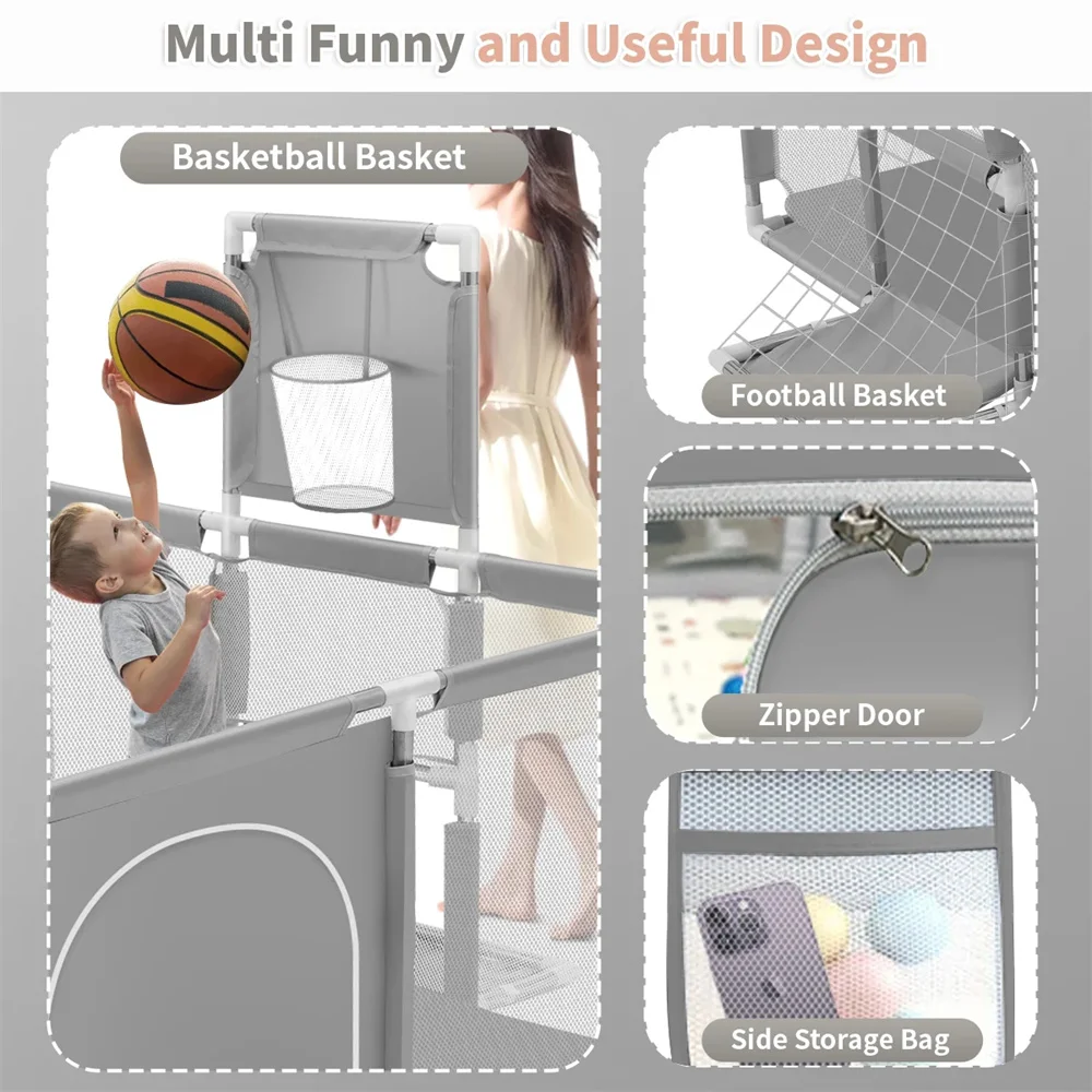 Extra-Large Rectangular Baby Playpen (71.6 Inches Long) with Basketball Hoop,