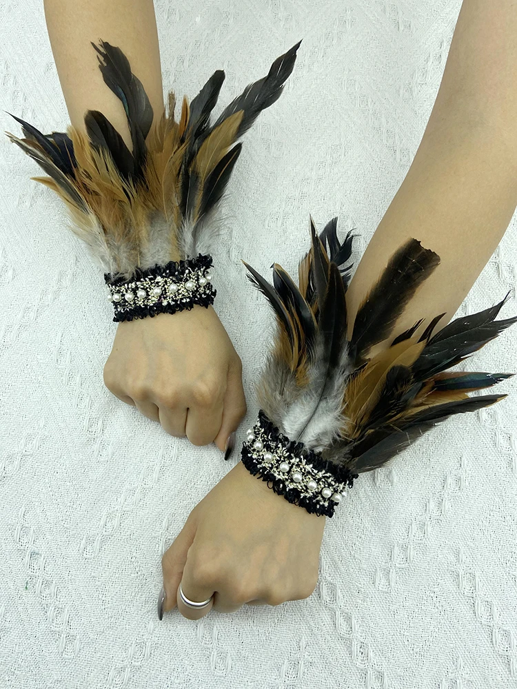 Natural Feather Wrist Cuffs Elegant Fur Sleeve Arm Accessories Gothic