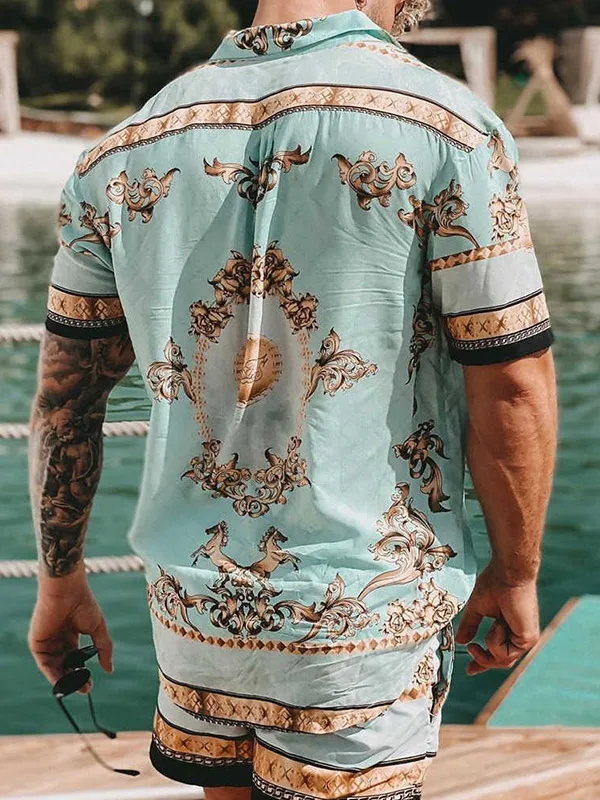 New Men Hawaiian Sets Summer Golden horse Printing Beach Short Sleeve Shirt Shorts Casual Trip Mens 2 Piece Suit S-3XL