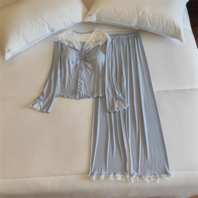 High Quality Women's Pajamas Set Chest Pad Modal Sleepwear Soft Comfortable Home Clothing Long Sleeve Ladies Pijamas De Mujer